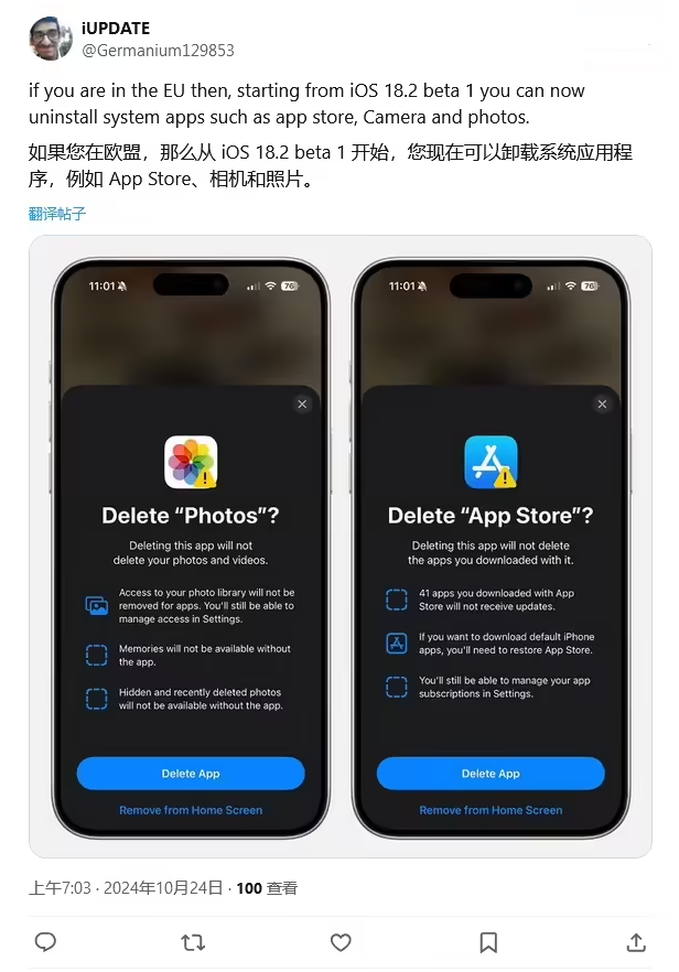 埇桥苹果手机维修分享iOS 18.2 支持删除 App Store 应用商店 