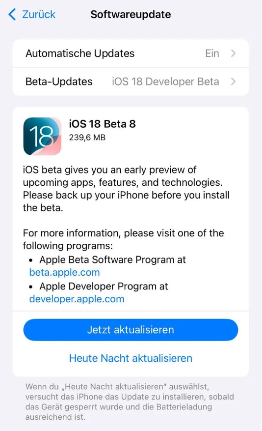 埇桥苹果手机维修分享苹果 iOS / iPadOS 18 开发者预览版 Beta 8 发布 